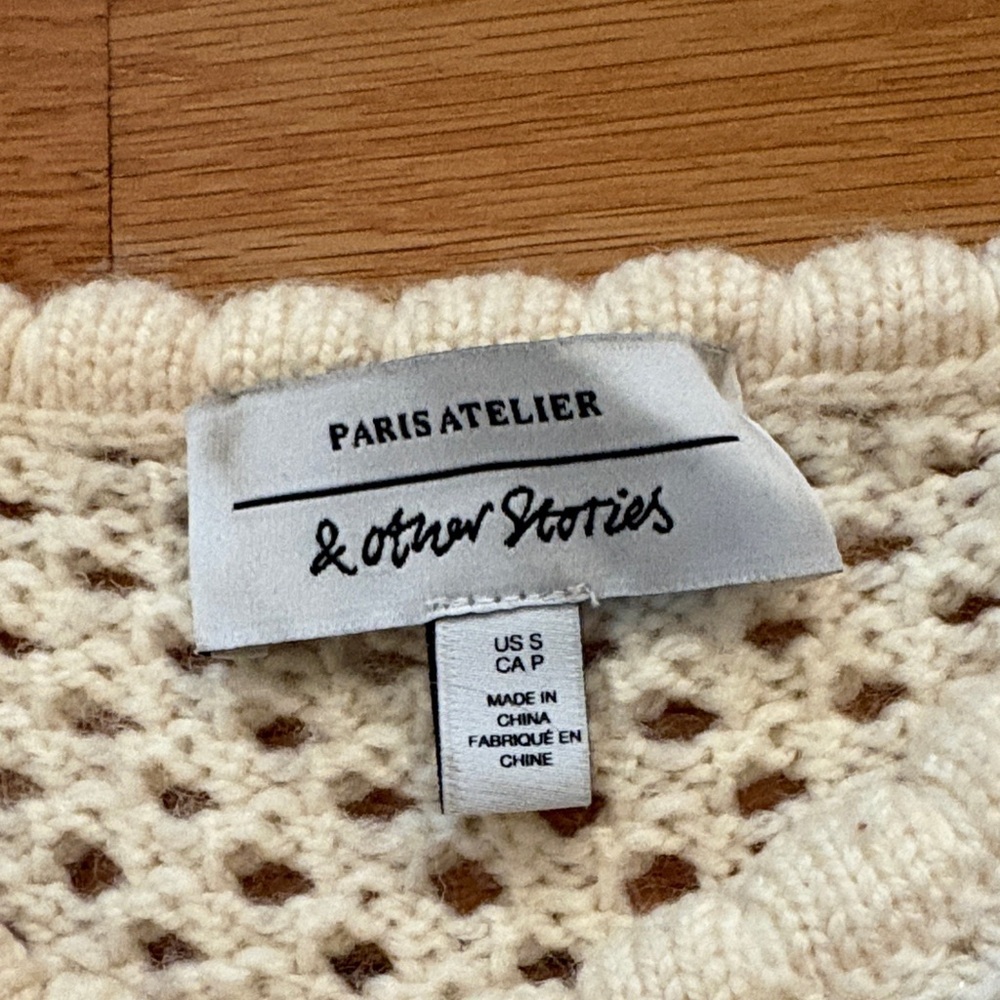 & Other Stories Cream Crochet Crewneck Sweater with Puff Shoulders - Picture 2 of 12